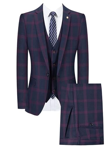 Kromoc Men's Plaid 3-Piece Suit One Button Jacket and Vest Pants for Casual Daily Dinner Tux