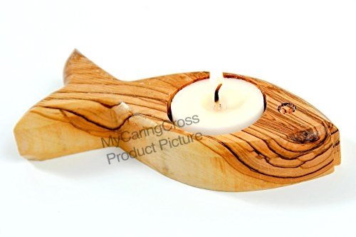 Fish Shaped Olive Wood Candle Holder from the Holy Land with Tea Candle