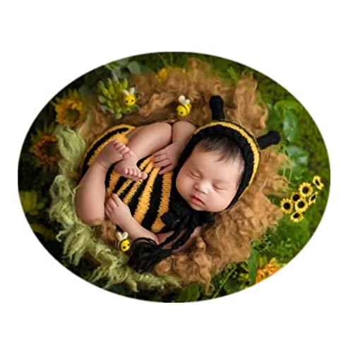 Image of Vemonllas Newborn Photography Props Boys Girls Outfits Mohair Bear Hat Bonnet & Footed Romper Bodysuit Photoshoot Costume Set
