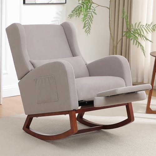 Image of HCHAIRH Rocking Chair Nursery, Nursery Rocking Chairs with Foot Rest, Comfy Glider Rocker Nursing Chair with Back Pillow for Nursing, Living Room, Bedroom, Light Grey
