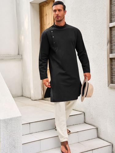 Image of Runcati Mens Kaftan Thobe Robe Long Sleeve Cotton Henley Shirt Casual Muslim Gown Salwar Kurta