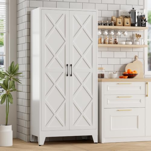 Image of Bevivog 71 inch Tall Pantry Cabinet Farmhouse, Metal Storage Cabinet with 2 Doors and 4 Adjustable Shelves, Freestanding Tall Food Pantry Cabinet Storage for Kitchen, Home Office, Living Room, Laundry