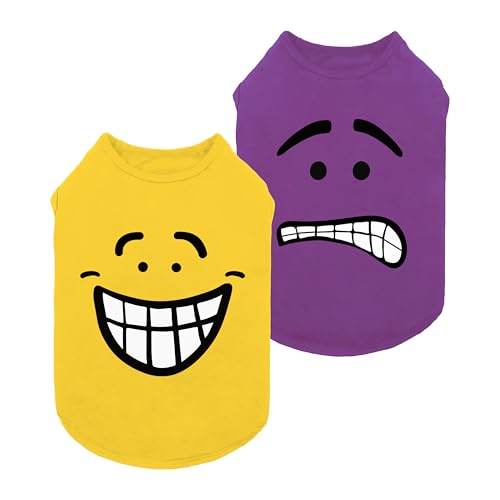 Fitwarm 2 Pack Happy Scary Expression Dog Shirt, Funny Clothes for Small Dogs Boy Girl, Pet Outfit, Yellow, Purple, XS
