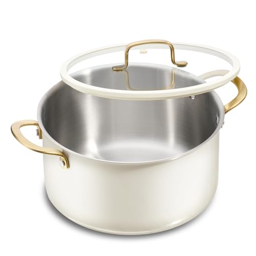 CAROTE 6QT Full Clad Tri Ply Stainless Steel Stock Pot with Lid Kitchen Stockpot Soup Pot Outer Ceramic Layer Even Heating All Stoves Compatible Oven & Dishwasher Safe Stay Cool Handle White