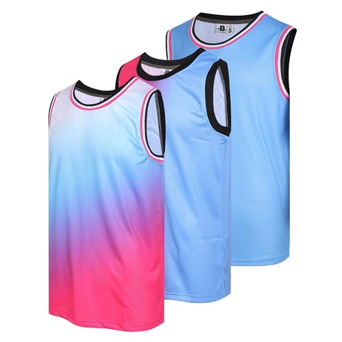 D DEHANER Paquete de 3 camisetas de baloncesto en blanco para hombre, de malla, de rendimiento, atlético, uniformes deportivos, camisetas a granel, Azul claro/rosa/degradado, XXL