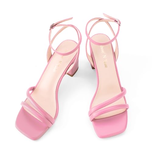 Image of Shoe'N Tale Strappy Heels for Women Square Toe Chunky Block Heels Ankle Buckle Heeled Sandals