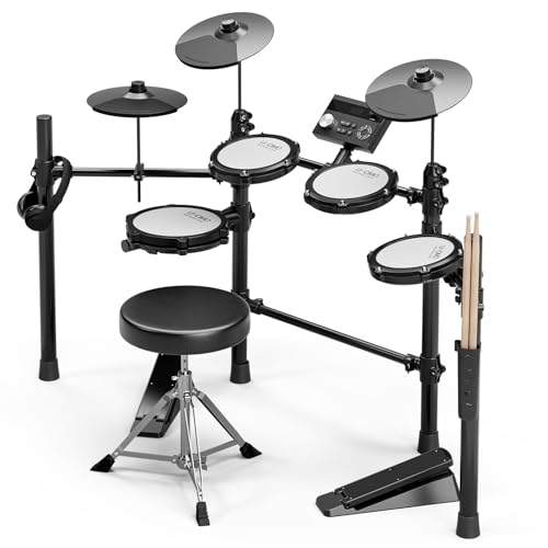 UMOMO UMD-771 Electric Drum Set, Electronic Drum Set With Mesh Electric Drum Pads, 225 Sounds, Drum Sticks, Headphones & Audio Cables, Stable Steel Frame, 15 Drum Kits, for Beginner, White & Black