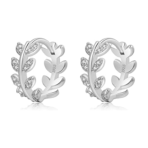 Silver Hoop Earrings for Women Hypoallergenic 925 Sterling Silver Post leaf huggie earrings Cover