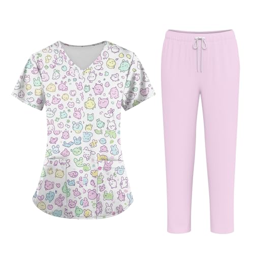 Scrubs for Women Set Stretch V-Neck Scrub Top & Jogger Pant Cartoon Pattern Medical Uniform Scrub Sets with Pockets