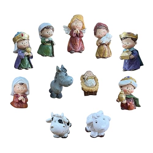 Fukamou Accessoires Creche de Noel en Résine avec 11 Figurines - Ensemble de Creche - Figurine Noel en Polyrésine pour Décoration Intérieure, Église ou École, décorations de Table