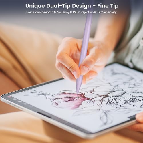 Image of Stylus Pen for iPad, Dual-Tip 13 mins Fast Charge Pencil for Apple, Palm Rejection, Tilt Sensitivity, Compatible w /iPad 6 /7 /8 /9 /10, Pro 11 /12.9in /M4, Air 3 /4 /5 /M2, Mini 5 /6 - Purple