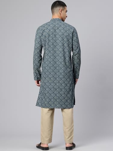 Image of Majestic Man Men's Regular Fit Ethnic Motifs Printed Pure Cotton Long Kurta with Mandarin Collar & Full Sleeves