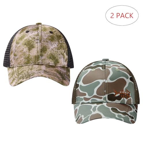 Image of BASSDASH 2 Pack Altimate Fishing Hunting Hat Mesh Back for Men Women Adjustable Baseball Trucker Cap Camo Blaze Orange
