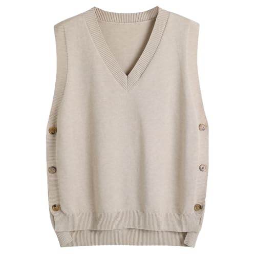 Image of Blostirno Women's V Neck Sweater Vest Ribbed Side Split Button Sleeveless Knit Pullover Sweaters Tops