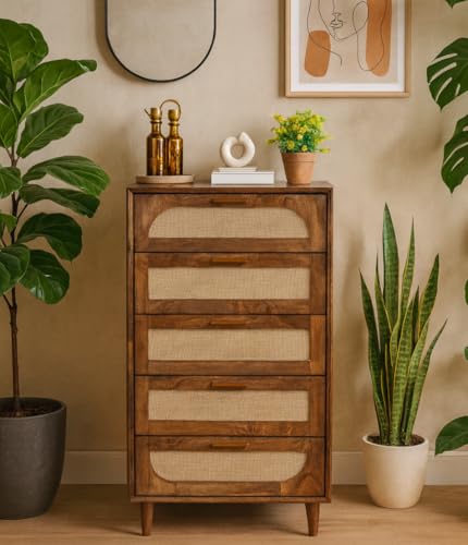 Image of Solid Wood Atlanta Chest of Drawer | Dresser with 5 Drawers | Wooden Chest of Darwers | Chest of Drawers with Cane /Rattan | Finish- Tubaq