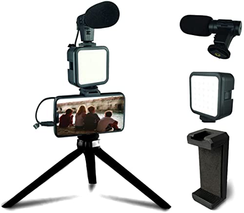 Cell Phone Photo & Video Kit with Tripod, LED Light, Microphone & Phone Mount for Smartphone Video Recording & Vlogging