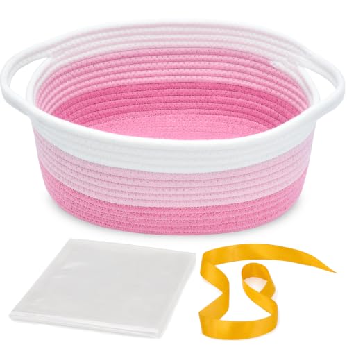 Image of Empty Gift Basket with Gift Bag & Ribbon, Woven Rope Basket, 12x8x5 inch