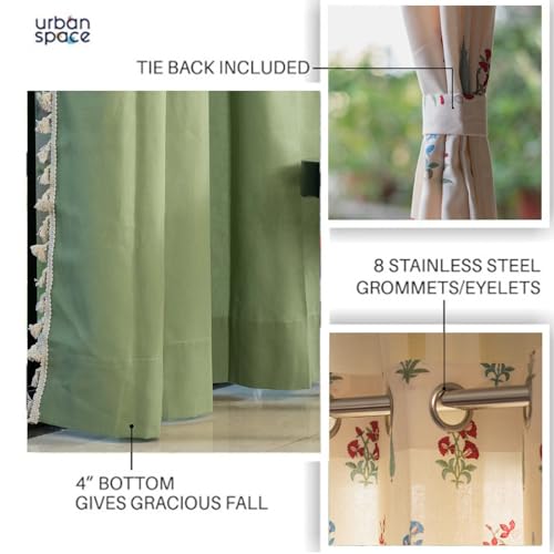 Image of Urban Space Floral 100% Cotton Curtains For Door, Combo Set Of 3 Curtains 7 Feet Long, 60-65% Room Darkening Curtain, Tieback & Eyelets Included With Curtains For Home Decor (High Garden Red, 7 Feet)