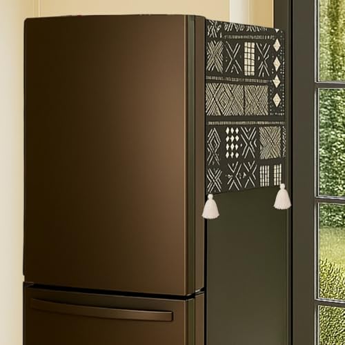 Image of WWW.THROWPILLOW.IN Fridge Top Cover for Double Door 250-400L | Medium Size Dustproof Refrigerator Cover | Corner Tassels with Pockets | Mud Cloth Print | Double Door Fridge Cover Mat