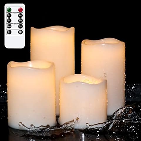 DRomance Outdoor Flameless Candles with Remote and Timer, 4 Pack Battery Operated Waterproof Plastic White LED Flickering Candles 3 x 3, 4, 5, 6 Inches Home Garden Outdoor Decor Cover