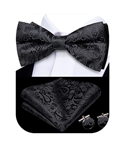 Image of Hi-Tie Bow Ties for Men Pre-Tied Pocket Square with Cufflinks Mens Bowtie Sets for Wedding Formal Party