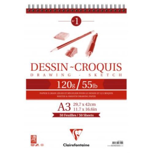 Lot de 5 Bloc spiralé de 50 feuilles de papier dessin croquis blanc, 120 g/m², A3