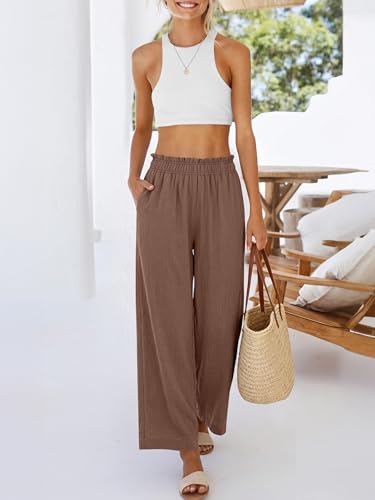 Image of ANRABESS Womens Wide Leg Cropped Palazzo Pants | Lightweight Breathable Elastic High Waisted Pants, Beach Vacation Flowy, Lounge & Casual Summer Trousers with Pockets