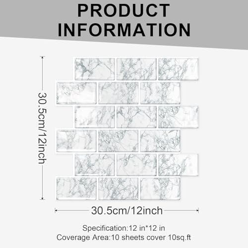 Tretizl 10 Sheets Thicker Design Peel and Stick Backsplash, 12"x12" Peel and Stick Wall Tiles, Subway Look Marble Tiles Backsplash for Kitchen and Bathroom, Snow Flake White by Tretizl - Image 4