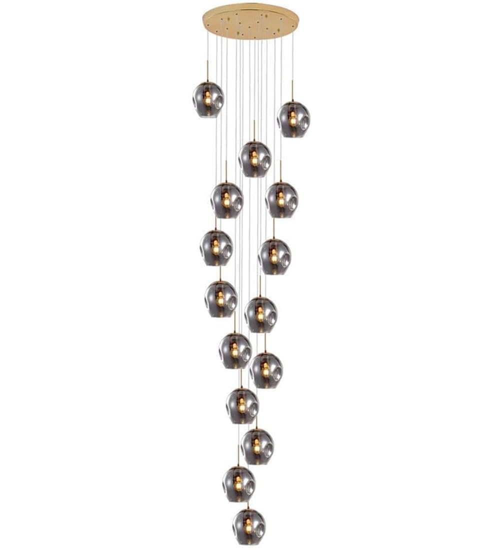 SYAXVOM Oversized Staircase Chandelier - Modern Long Pendant Light for Villa Stairwells Adjustable Length Creative Grey Hanging Ceiling Fixture (15 Balls)