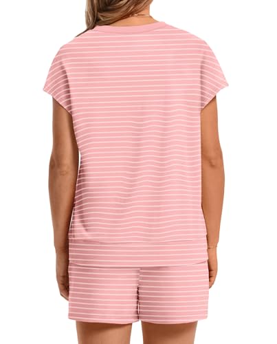 Image of WIHOLL Two Piece Sets for Women Summer Crew Neck Lounge Short Sets Cap Sleeve Drawstring Sweatsuit with Pocket
