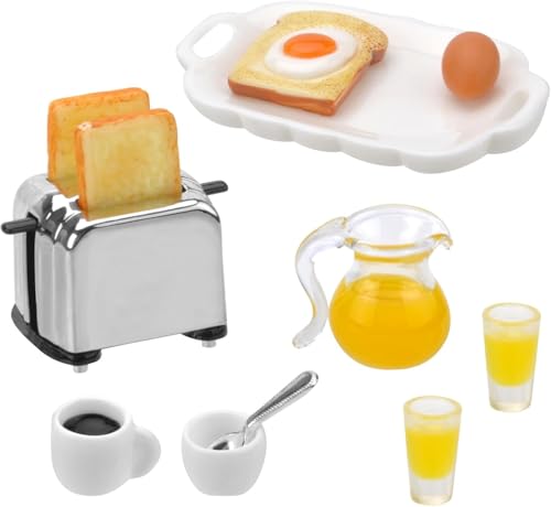 Accesorios en miniatura para desayuno, mini accesorios para casa de muñecas, accesorios para gnomos, vajilla para muñecas, porcelana, minicocina, mini comida, máquina de tostadora, pan, huevos, café