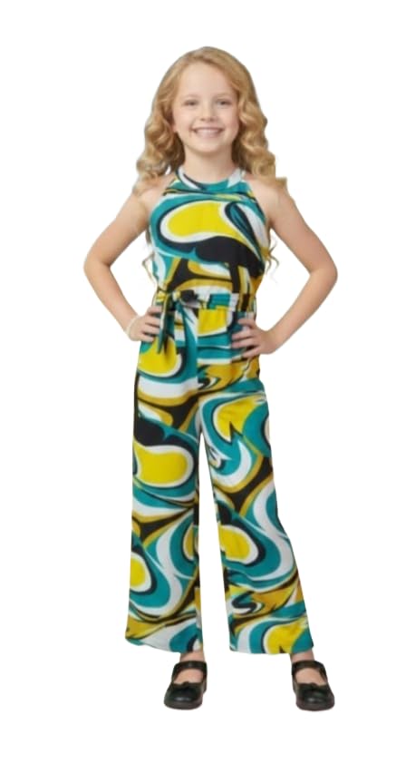 Image of A.T.U.N. (ALL THINGS UBER NICE) Girls Printed Poly Silk Jumpsuit with Tie-Up Belt | Stylish Sleeveless One-Piece Outfit for Kids | Trendy Comfortable Wear for Parties Functions & Photoshoots