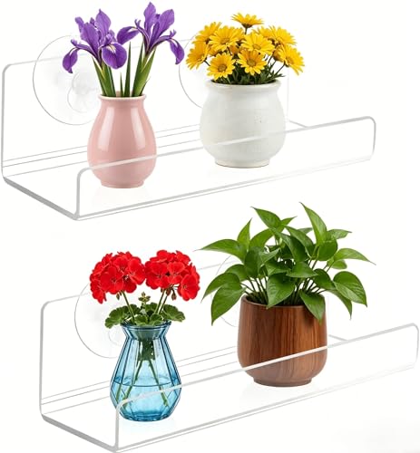 TDCuizent Paquete de 2 estantes flotantes de acrílico transparente con ventosas, estante de exhibición de plantas de ventana de 6 pulgadas para baño, cocina, sala de estar, sin taladro, ahorro de