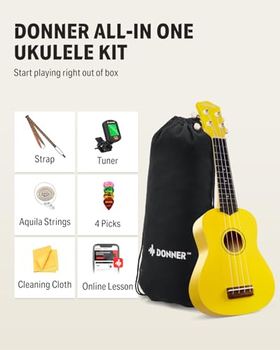 Image of Donner Soprano Ukulele for Beginner 21 Inch Matte Ukulele Beginner Kit with Bag Strap Tuner Strings Picks Cloth, Free Online Lessons, Holiday Christmas & Birthday Gift (Yellow)