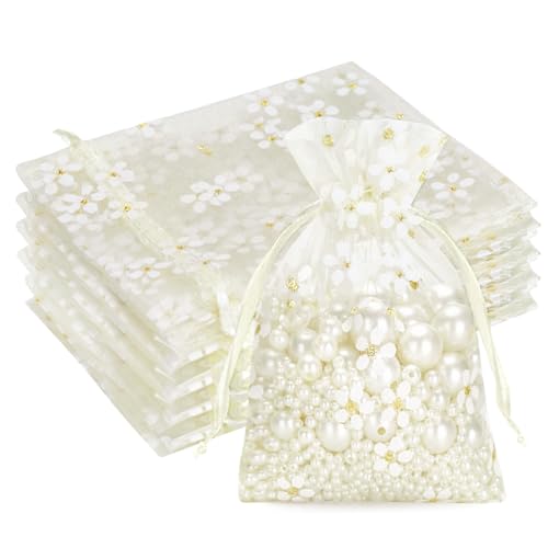 G2PLUS Sachet Organza Beige aux Marguerites: Pochette Organza 10x12 cm, 30 Pièces Sac à Bijoux Idéaux pour les Dragées, Mariages, Baptême et Anniversaires
