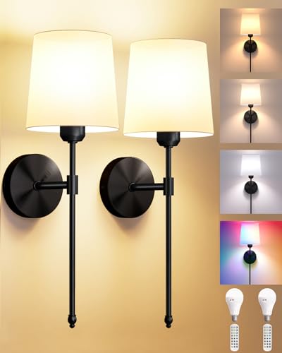 Image of Ouyulong Battery Operated Wall Sconces Set of 2, Wireless Rechargeable Dimmable Wall Light with 5600mAh RGB Bulb and Remote for Bedroom, Living Room, Hallway 24in Black