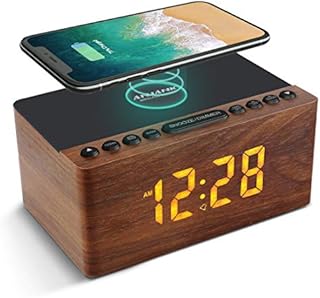 ANJANK Wooden Digital Alarm Clock FM Radio, Fast Wireless Charger Station for iPhone/Samsung Galaxy, 5 Level Dimmer, USB Charging Port, 2 Sounds, Sleep Timer, Wood LED Clock for Bedroom, Bedside, Desk