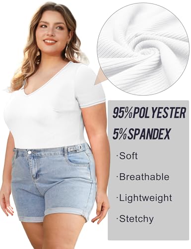 Image of COOTRY Plus Size Short Sleeve Bodysuits for Women V Neck Body Suit Tops Basic One Piece Bodysuit T Shirt