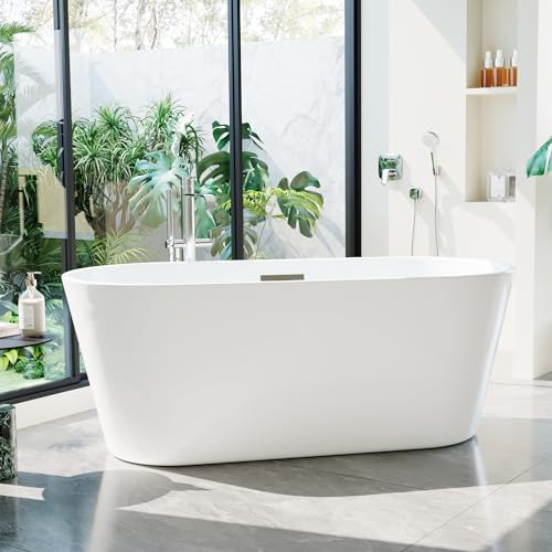 59'' Freestanding Bathtub, Deep Soaking Tub for Adults, Stand Alone Tub with Integrated Overflow Drain, cUPC Certified Modern Bathroom Tub, Acrylic, White