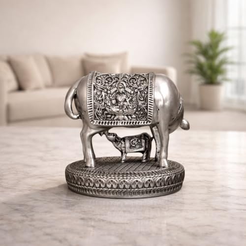 Image of Gold Art India Kamdhenu Cow and Calf Idol | Silver Plated Antique Finish Decorative Murti | 6.35 cm x 6.35 cm | Sacred Gau MATA Statue for Home Temple & Gift