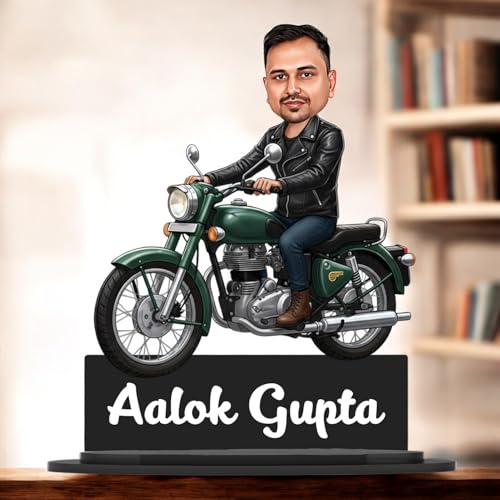 Image of Taxton Custom Bike Rider Caricature Personalized Wooden Bike Photo Frame for Men | 7.5 Inch Durable Double Wood Print with Acrylic Name Plate (Green)