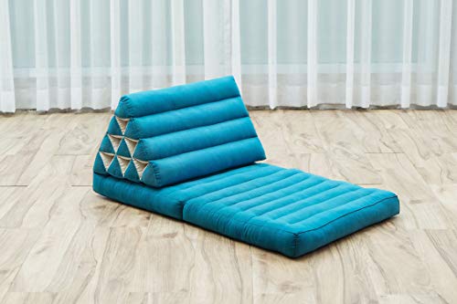 Leewadee Foldout Triangle Thai-Cushion Floor-Seat with Back-Rest TV Pillow Lounge-r Foldable Out-Door Mattress, 45x20x16 inches, Kapok, Light Blue