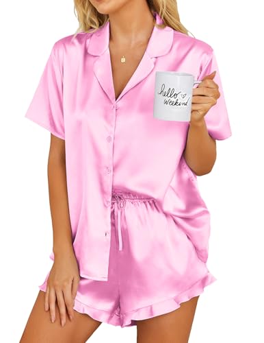 Image of Ekouaer Womens Satin Pajamas Set Button Down 2 Piece Silk Pjs Shorts Set Ruffle Lingerie Notch Collar Sleepwear