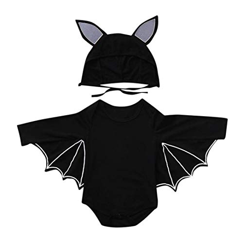 Vinjeely Baby Boys Girls Halloween Cosplay Bat Romper Black Long Sleeve+Hat Outfits Clothes (0-6Months)