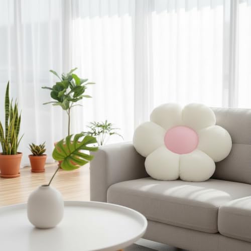 Image of AVS Sunflower Shaped 6 Kali Throw Pillow Cute Preppy Home Decorative Floor Cushion with Fibre Filling Aesthetic for Sofa Bedroom, Living Room, Car, Office (White, 50CM)