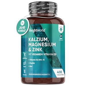 Kalzium Magnesium Zink – 400 Tabletten für 1+ Jahr – Magnesiumoxid mit Vitamin D3, K2, Selen, Mangan – 500mg Kalzium – Mineralstoffe & Multivitamin Komplex – Elektrolyte & Muskelaufbau – WeightWorld