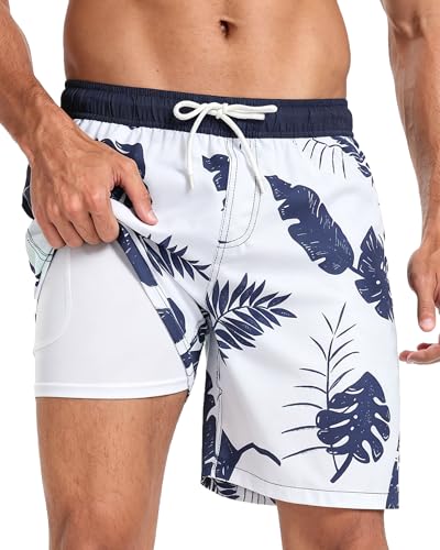 Image of Mens Swim Trunks with Compression Liner 2 in 1 Quick Dry Swimming Shorts Swimwear Bathing Suits with Pockets, B Mix Black Leaves, L