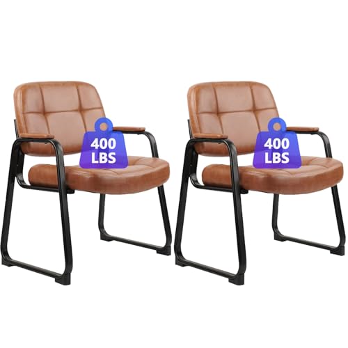 Image of CLATINA Big & Tall Waiting Room Guest Chair Comfortable Reception Chairs with Bonded Leather Padded Arm Rest and Sled Base for Office Reception Lobby and Conference Desk, Brown(2 Pack)