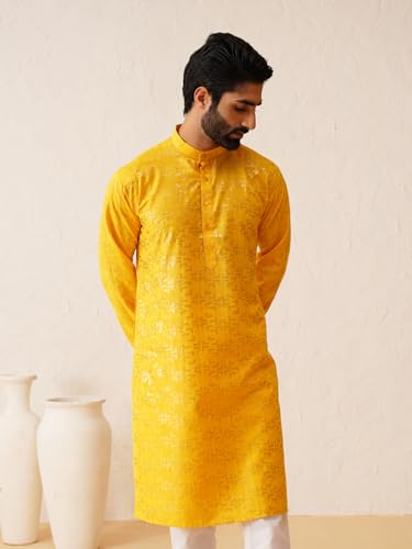 Image of SOJANYA (Since 1958 Men's Cotton Gold Embroidered Long Kurta