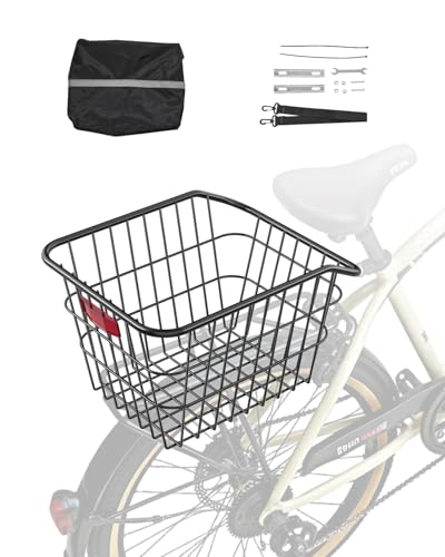 VEVOR Rear Bike Basket, Metal Wire Bicycle Basket with Reflective Tail Light & Waterproof Cover, Durable Bike Back Basket, Fits to Most Rear Bike Racks